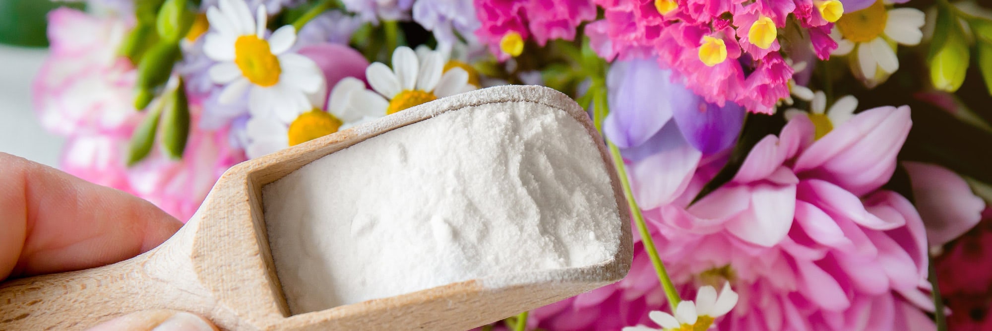 A wooden scoop filled with white powder is held in front of a colorful bouquet of flowers, including daisies and pink blossoms.