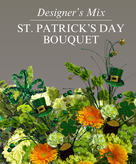 A festive St. Patrick’s Day floral arrangement featuring bright green and yellow flowers, accented with glittering shamrocks, leprechaun hats, and green bead accents. 