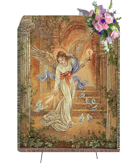 Inspirational Throw with angel holding candle, surrounded by doves.