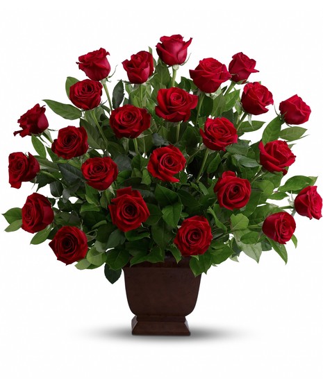 Sympathy bouquet of red roses presented in an urn